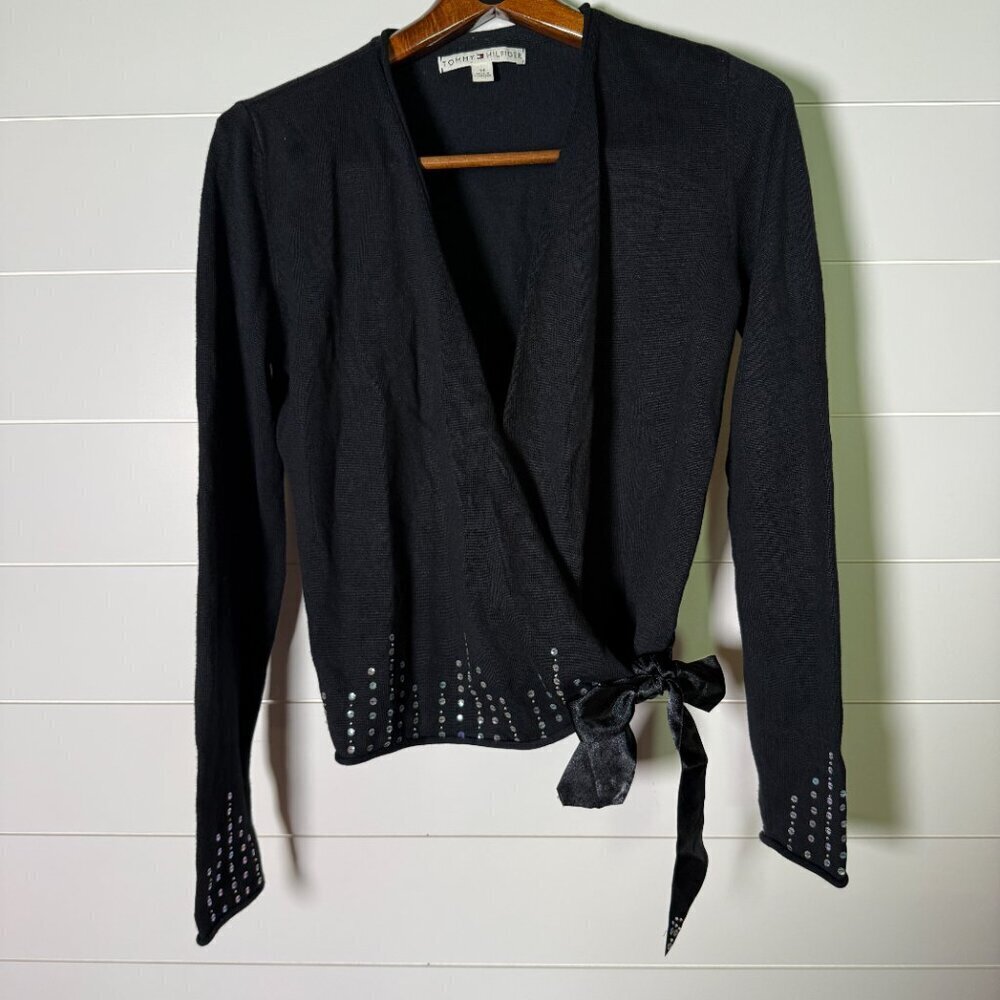 Tommy Hilfiger Long Sleeve Cardigan Hooks Closure Wrap Tie Black Size Medium